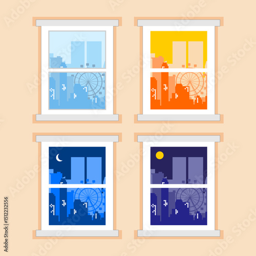 seasons window frame vector illustration with city view