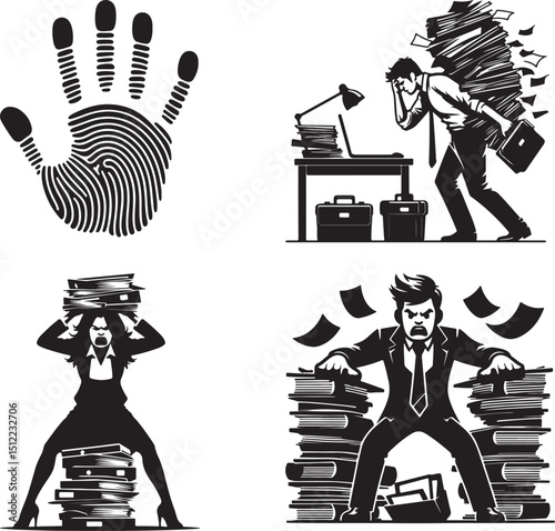 A collection of black and white illustrations depicting stress and overwork in office environments