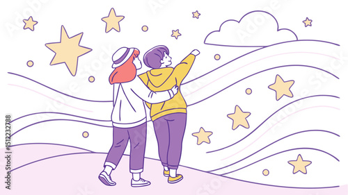 A dreamy friendship moment captured in celestial tones and animated charm.