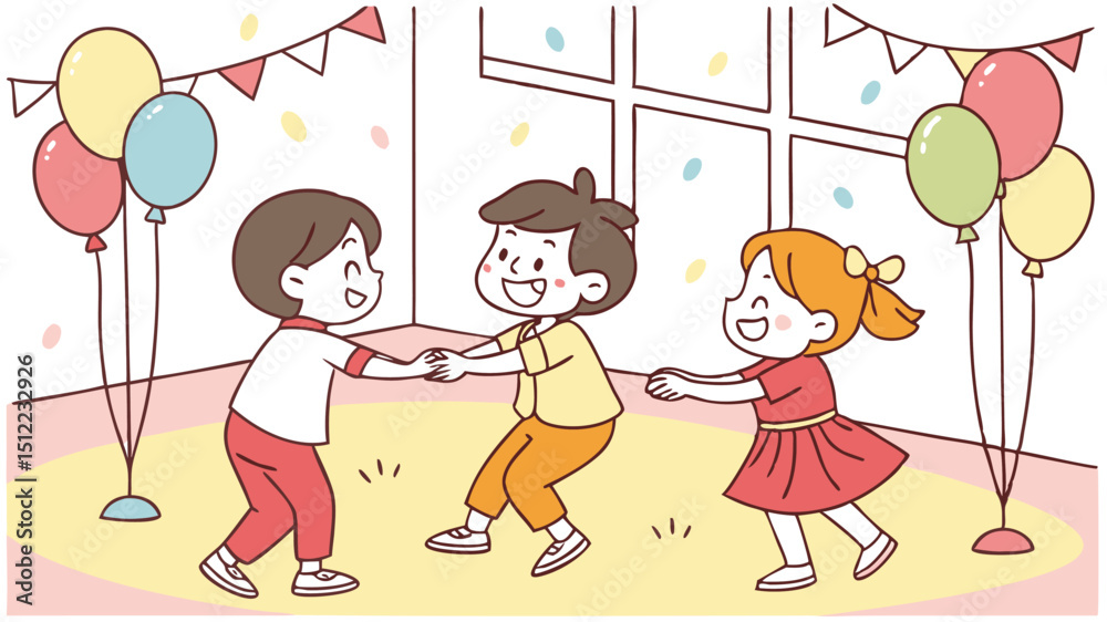 Fototapeta premium Children forming a conga line at a party, with balloons and sparkles around.