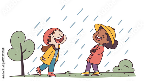 Two girls laughing while getting drenched in rain, no umbrella in sight.