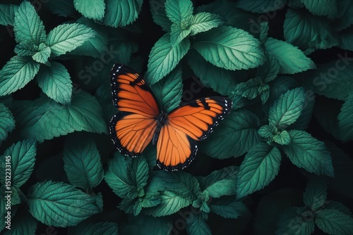 Striking orange butterfly with black wings on dark green leaves