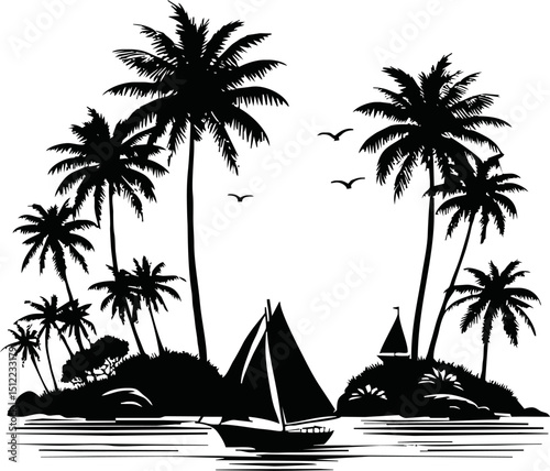 Silhouette of tropical island with palm trees and sailboat vector isolated on a white background