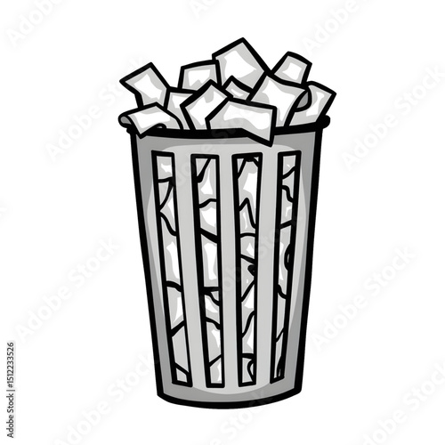 Cartoon trash can with crumpled paper