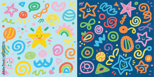 A vibrant split image showcasing colorful, hand-drawn, cute doodles like smiling stars, suns, and rainbows. One side features a light blue background, the other a dark blue, highlighting the playful e