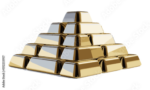 A modern vector illustration of a stack of gold bars arranged in a pyramid shape, Each gold bar has smooth, shiny surfaces with subtle gradients to simulate metallic reflections, easily editable.