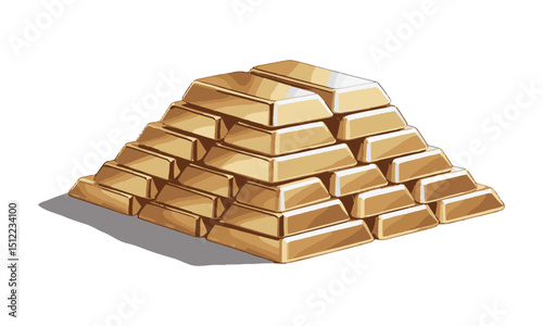 A modern vector illustration of a stack of gold bars arranged in a pyramid shape, Each gold bar has smooth, shiny surfaces with subtle gradients to simulate metallic reflections, easily editable.