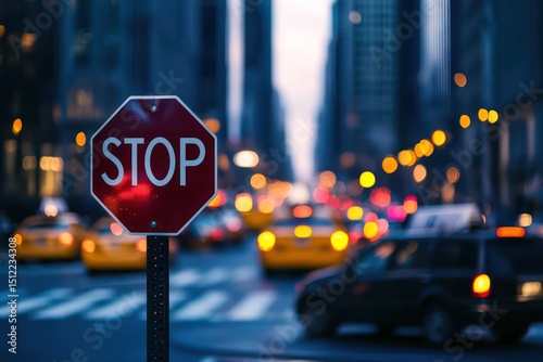 Snow-covered stop sign at busy winter intersection photo
