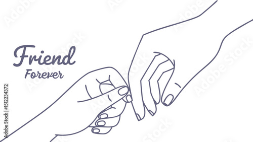 A minimal line-art drawing of two hands locked in a pinky promise, with the word forever embedded subtly in the background.