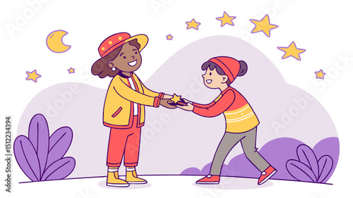 A fun and youthful illustration of kids gifting bracelets as tokens of friendship, set in a whimsical, starry environment.