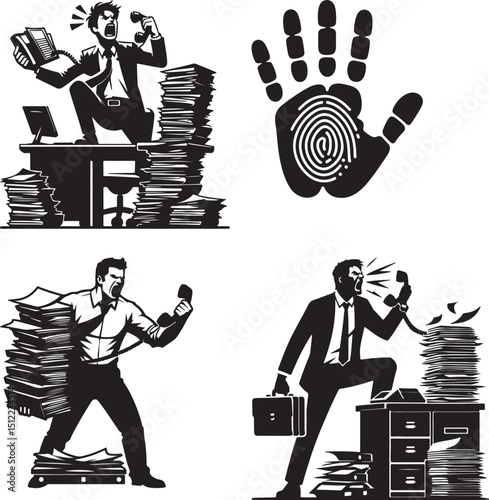 A collage of stressed business people with piles of paperwork and a fingerprint hand icon above them