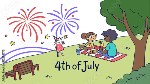 Digital painting of a picnic scene beneath fireworks, with sparklers tracing ?4th of July?