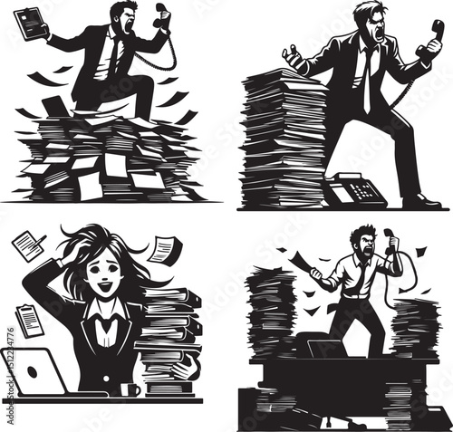 Four office workers overwhelmed by paperwork and phones in a black and white vector illustration