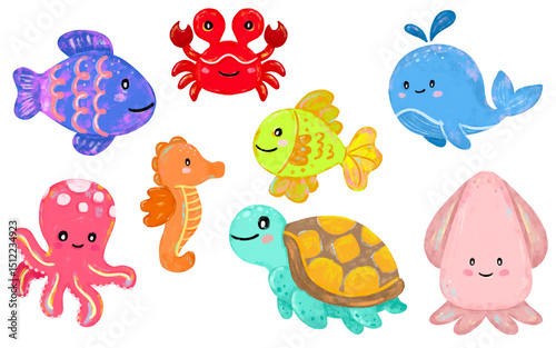 Photography set collection of funny Cute hand drawn save the sea ocean beach animals charact