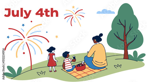 Flat illustration of families gathered at a park, enjoying fireworks with a large ?July 4th? sign