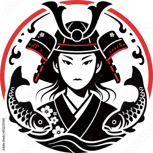 Japanese Female Samurai Warrior with Koi Fish and Sakura in Traditional Tattoo Style