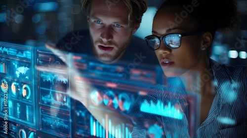 Man and woman analyzing financial data on holographic computer screen with focused expressions in a modern office setting