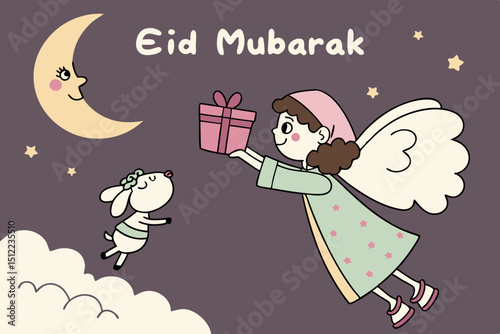 Whimsical scene A glowing fairy-child releasing a sparkly cartoon lamb into starlight. The lamb transforms into floating gift boxes raining dates and flowers. Tiny angels in hijabs giggle while catchi