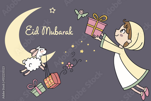 Whimsical scene A glowing fairy-child releasing a sparkly cartoon lamb into starlight. The lamb transforms into floating gift boxes raining dates and flowers. Tiny angels in hijabs giggle while catchi