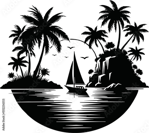 Silhouette of tropical island with palm trees and sailboat vector isolated on a white background