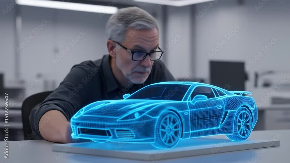 A skilled engineer interacts with a holographic car model in an advanced engineering lab. The 3D representation highlights cutting-edge design and simulation technology