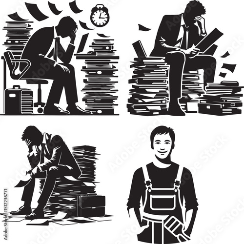 A collection of stressed businessmen with piles of paperwork and a happy worker in overalls