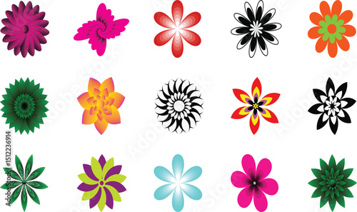 Colorful Abstract Floral Icon Set,Modern Vector Flower Designs, vibrant collection of abstract floral icons, various styles and colors. Ideal for graphic design, logos, digital art, textile patterns