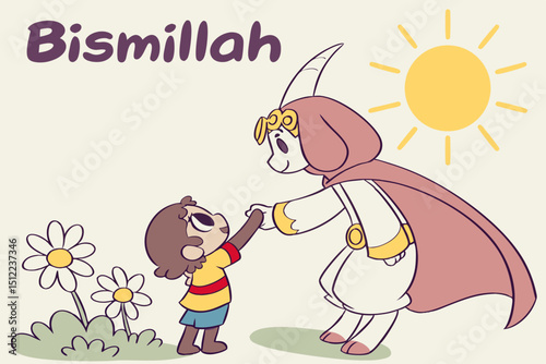 Whimsical illustration A heroic fluffy lamb with a mini golden horn and cape, gently high-fiving a grateful chibi child. Background Shining sun with 'Bismillah' in bubbly Arabic letters, floating dais