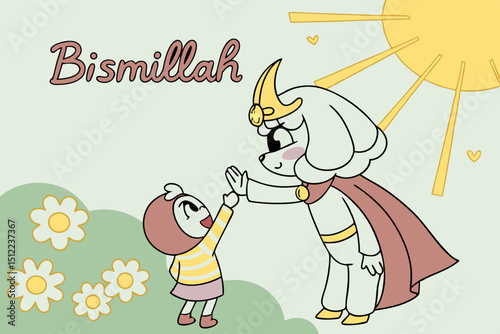 Whimsical illustration A heroic fluffy lamb with a mini golden horn and cape, gently high-fiving a grateful chibi child. Background Shining sun with 'Bismillah' in bubbly Arabic letters, floating dais