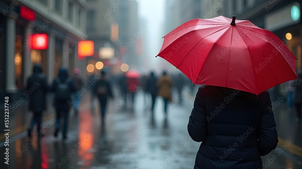 Obraz premium A person with a red umbrella stands in the rain among blurred pedestrians, evoking a cozy yet vibrant urban atmosphere.
