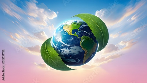Earth enveloped by lush green leaves peaceful sky