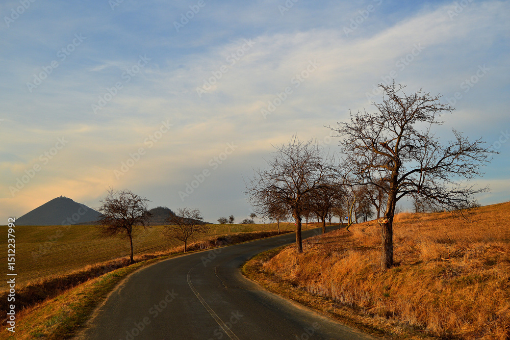 Fototapeta premium Sunlit Country Road Curving Through Hills Beneath Evening Clouds