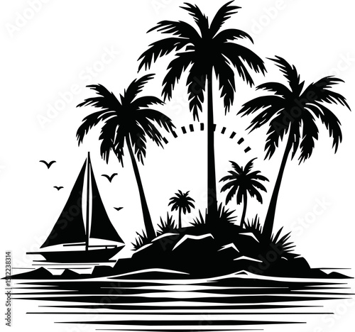 Silhouette of tropical island with palm trees and sailboat vector isolated on a white background