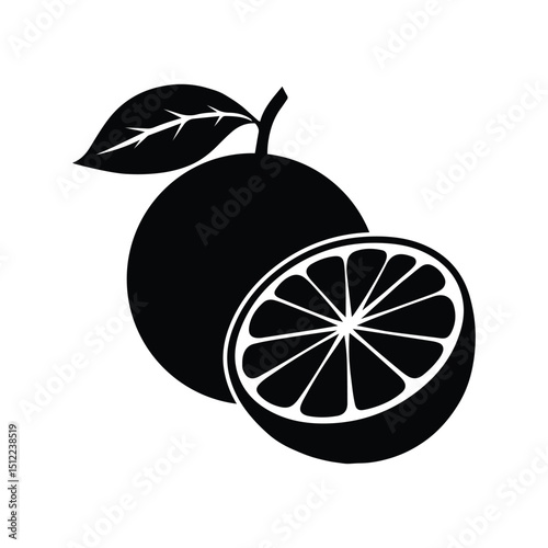 Filled black orange fruit icon with slice and leaf illustration.
