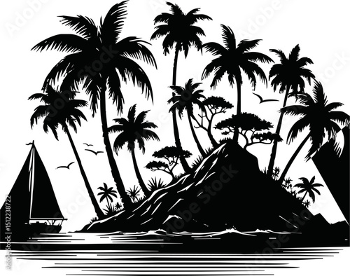 Silhouette of tropical island with palm trees and sailboat vector isolated on a white background