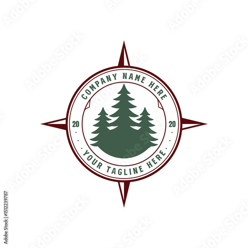 Circular Compass with Pine Evergreen Pine Cedar Conifer Evergreen Spruce Cypress Hemlock Fir Trees Forest Badge