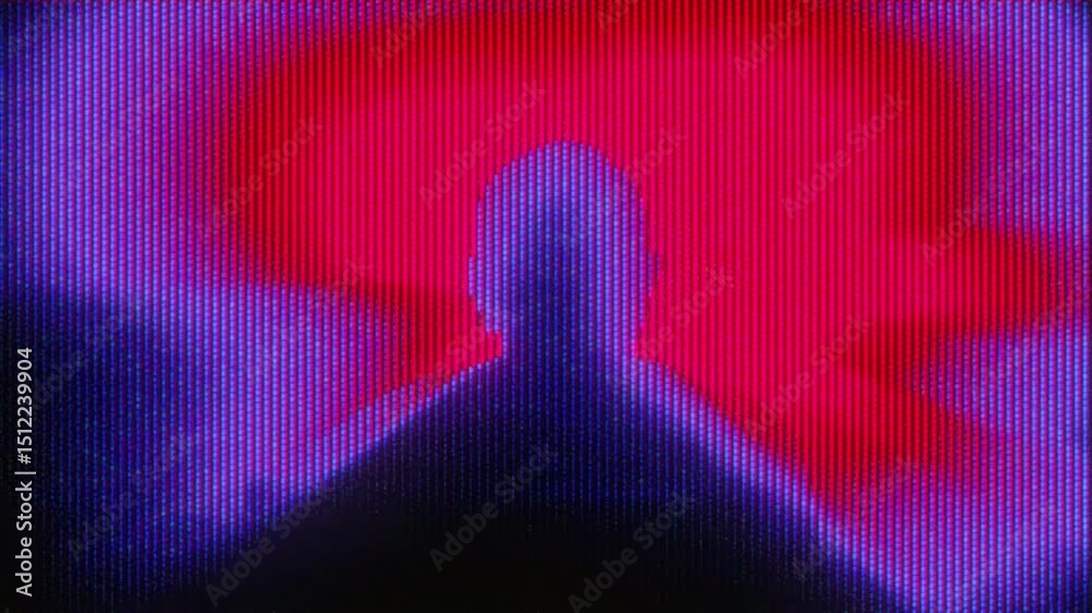 4K Glitch silhouette with red aura and purple CRT scanlines, analog static distortion and pixel noise for motion graphics overlay, screen mode, cyberpunk interface and digital mystery aesthetic
