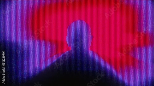 4K Glitch silhouette with red aura and purple CRT scanlines, analog static distortion and pixel noise for motion graphics overlay, screen mode, cyberpunk interface and digital mystery aesthetic