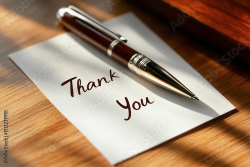 “Thank You” note and pen on sunny desk