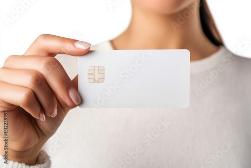 Female hand holding white prepaid card isolated
