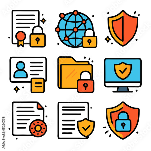 Data protection icon set for online privacy and security concepts. Suitable for presentations, websites, and educational materials on cybersecurity
