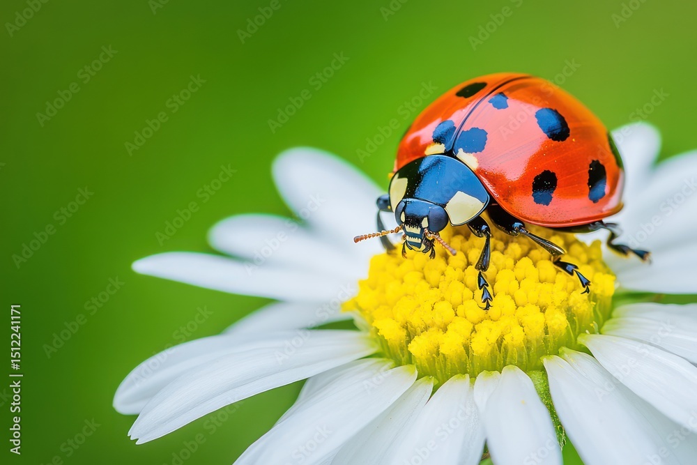 Fototapeta premium Macro of ladybug crawling on white daisy flower