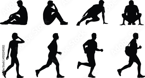 Silhouette illustrations of men in various poses sitting running and walking on a white background