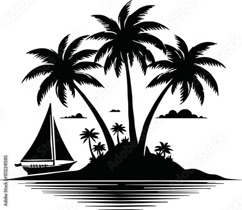 Silhouette of tropical island with palm trees and sailboat vector isolated on a white background