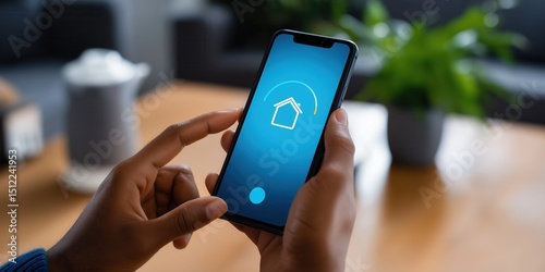 Wallpaper Mural Person using smart home application on mobile phone, controlling lights and temperature in a living room. Torontodigital.ca