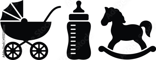 A black and white illustration of a baby carriage, bottle, and rocking horse in a simple graphic style