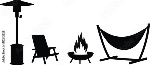 A black and white illustration of a patio heater, chair, fire pit, and hammock on a white background
