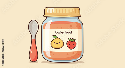 Baby food jar with strawberry and pear illustration on beige background, bloggers about motherhood, childcare services, baby food