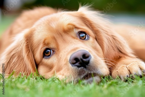Adorable golden retriever puppy lying on green grass with expressive eyes and relaxed posture photo