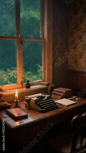 Vintage Writing Desk by Window on a Rainy Day with Typewriter and Candlelight